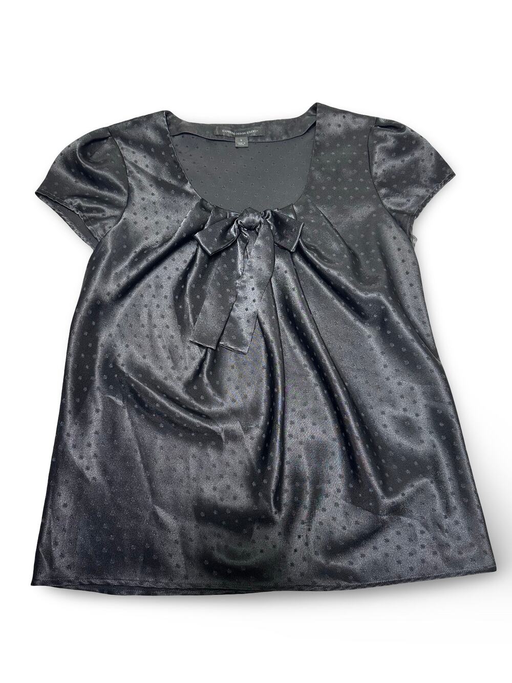 Y2K Express Design Studio Black Satin  Jacquard Dots Bow Tie Blouse Size Small